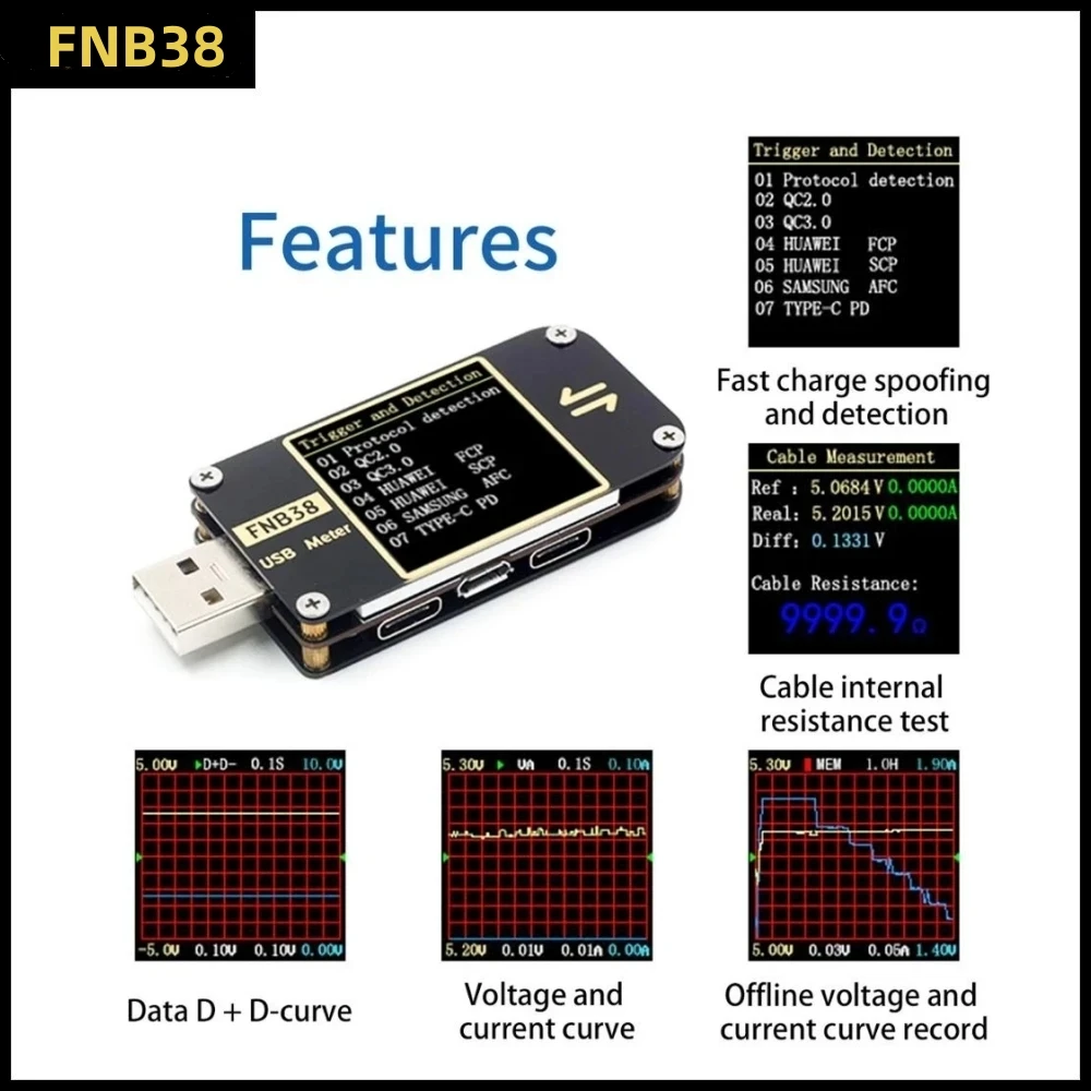 مقياس للتيار والجهد FNIRSI FNB38 مختبر USB QC4 + PD3.0 2.0 PPS اختبار قدرة بروتوكول الشحن السريع