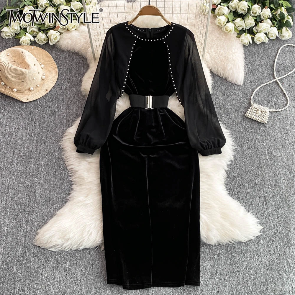 

TWOTWINSTYLE Solid Patchwork Pearls Chic Dress For Women O Neck Long Sleeve Spliced Zipper Luxury Style Dresses Female KDR518110