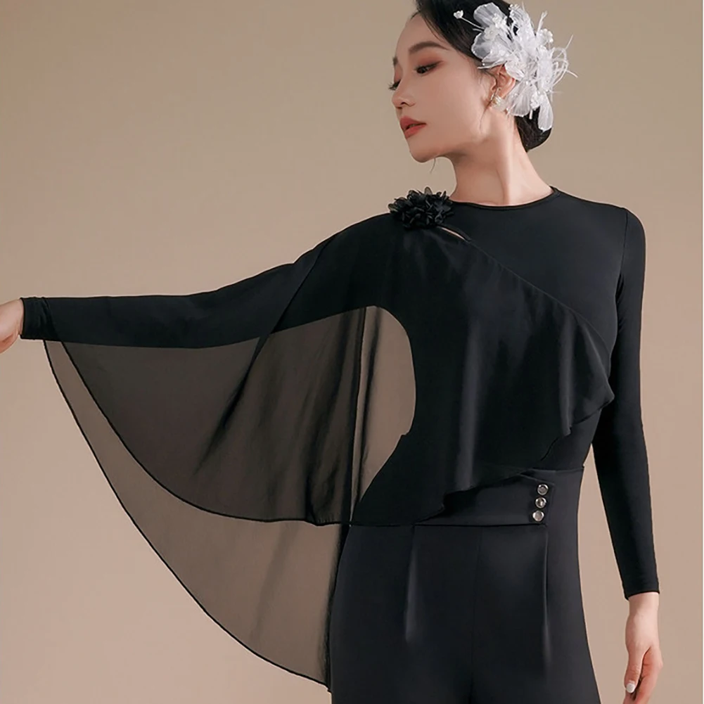 

Новый топ для латиноамериканских танцев с открытыми плечами, черный, с круглым вырезом, для взрослых, с длинными рукавами, цвета чайной розы, для самбы, высококачественный комбинезон