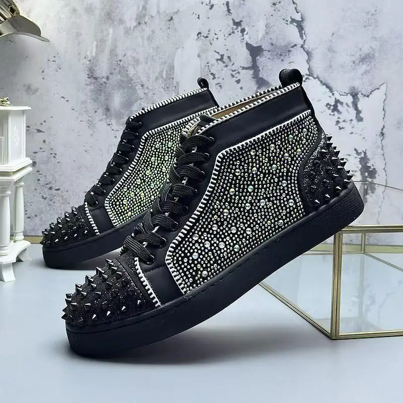 men casual hip hop rock soft leather boots designer rhinestone shoes platform rivets boot cowboy ankle botas studded footwear