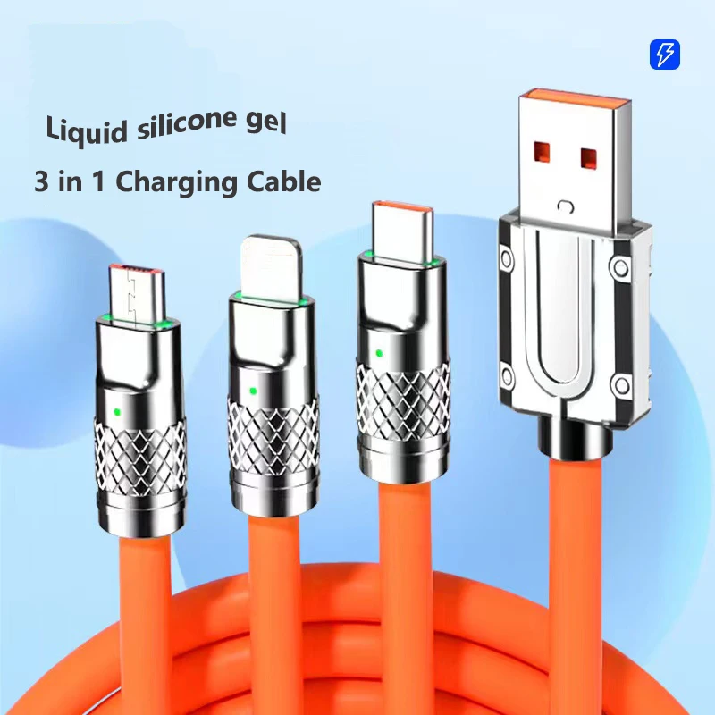 6A 120W 3 in 1 USB Fast Charging Cable For iPhone 15 Micro USB Type-C 8-Pin Silica Gel  Charger Cable For Huawei Samsung Xiaomi