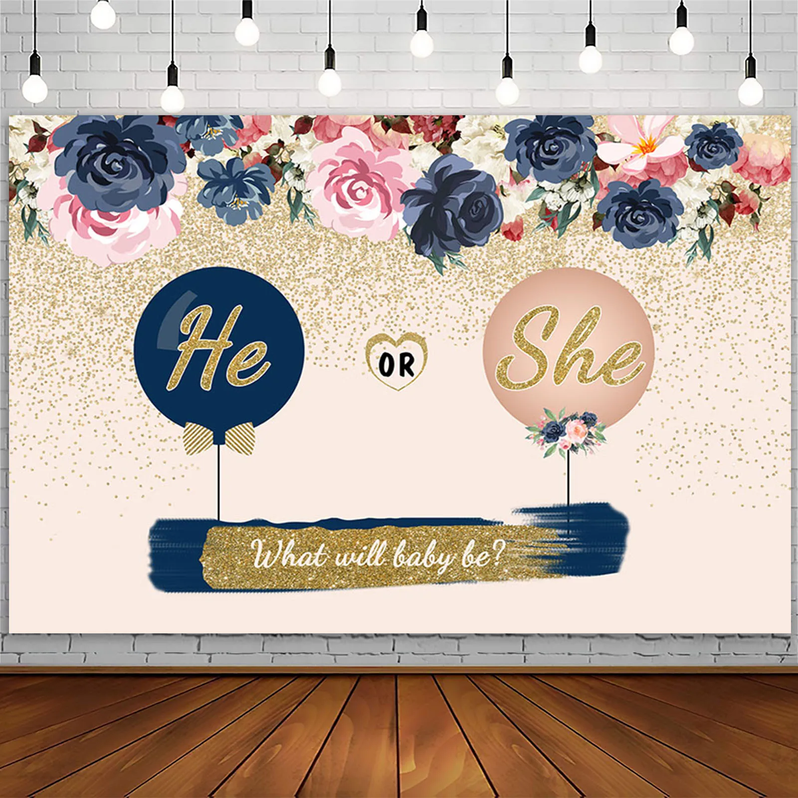 AIBIIN Gender Reveal Background He or She Staches o Lashes decorazioni per feste Navy Blue Blush Pink Floral Photography Background