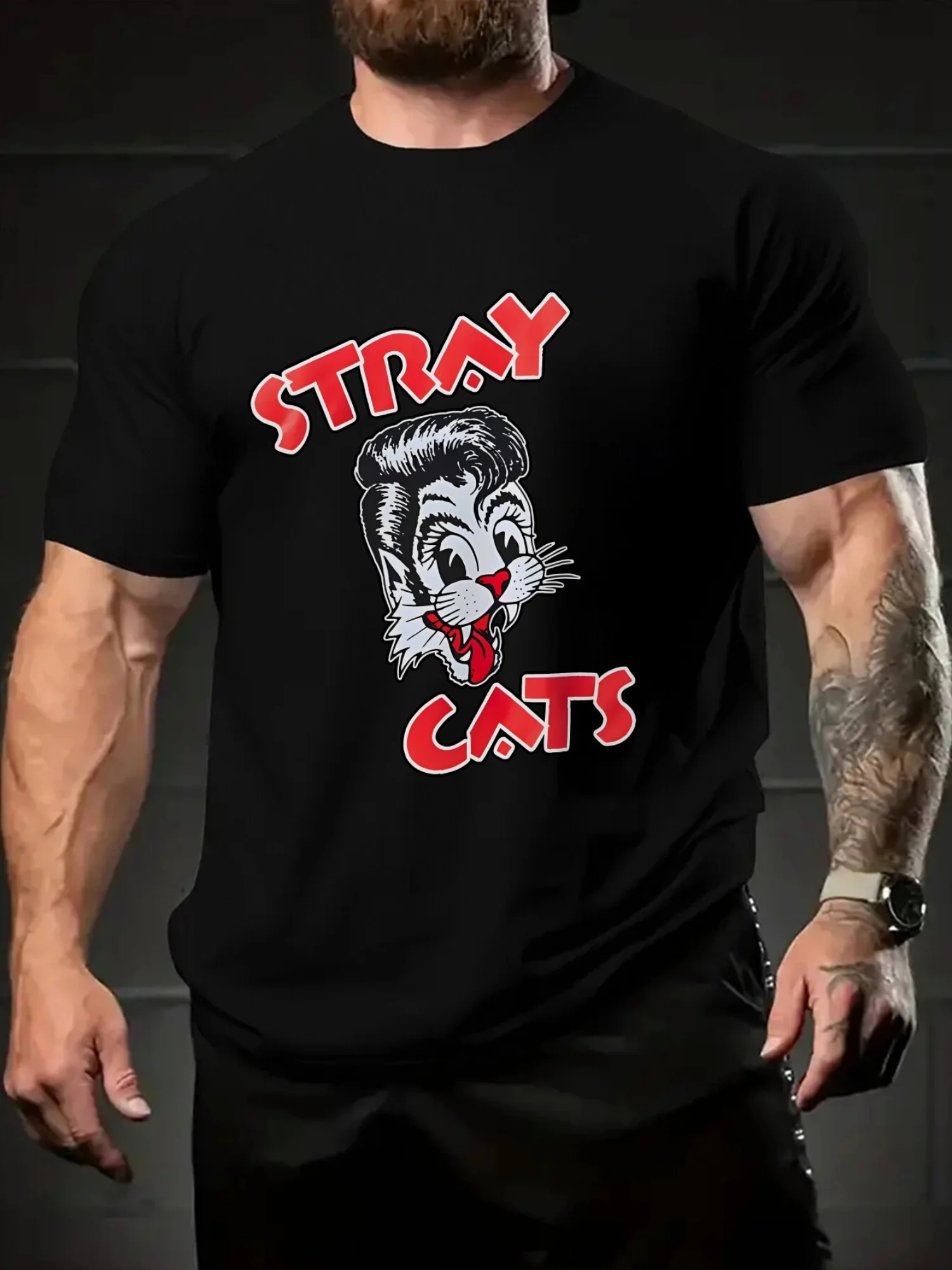 

Men'S Stray Cats Graphic T-Shirt - Black Casual Summer Tee with Vintage Cartoon Design, Soft Polyester Fabric