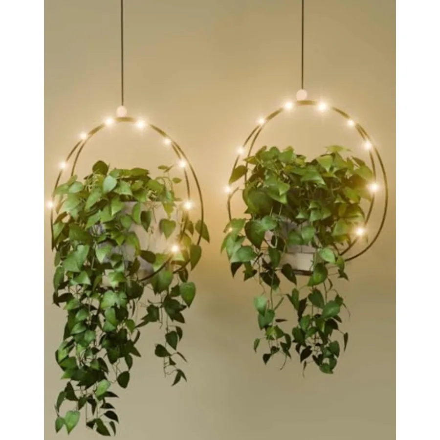 

2 Pack Hanging Planter for Indoor Plants Macrame Plant Hangers with LED String Lights and Sturdy Wood Base Hanging Wall Ceiling
