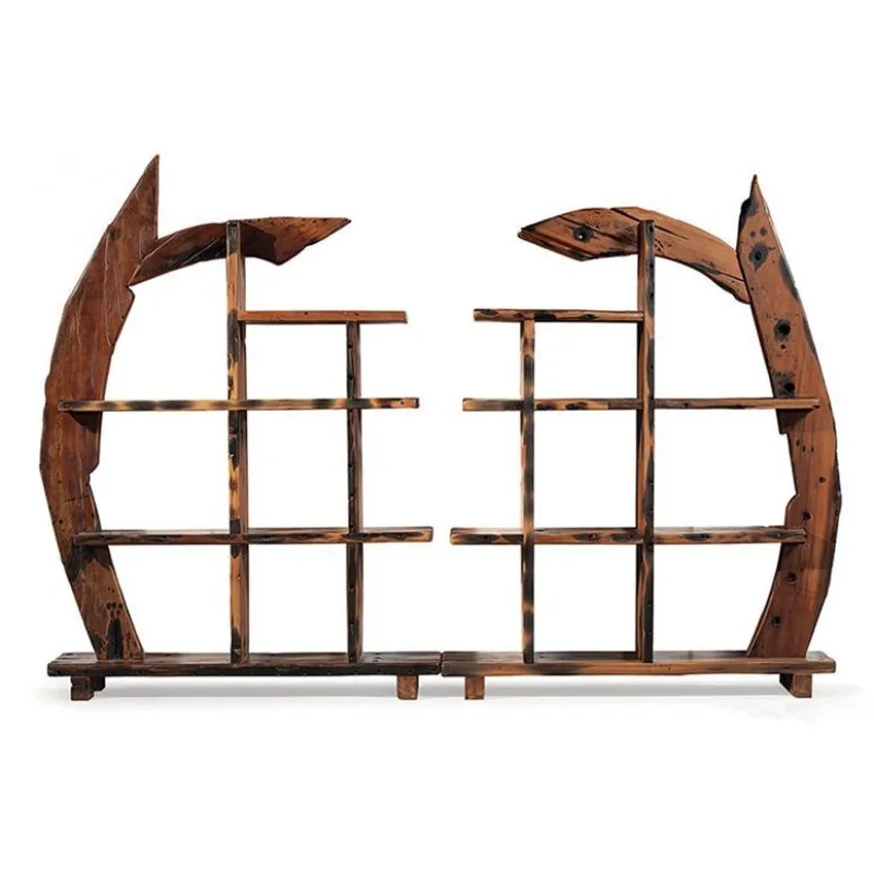 

Old boat wooden shelf storage rack, solid wood multi-functional flower rack bookshelf with type
