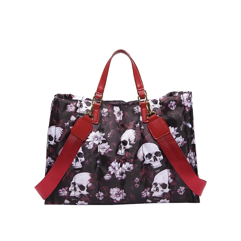 Punk Skull Tote Bag Large Capacity Zipper Shoulder Bag Waterproof Nyon Travel Crossbody Bag University Student Laptop Handbag