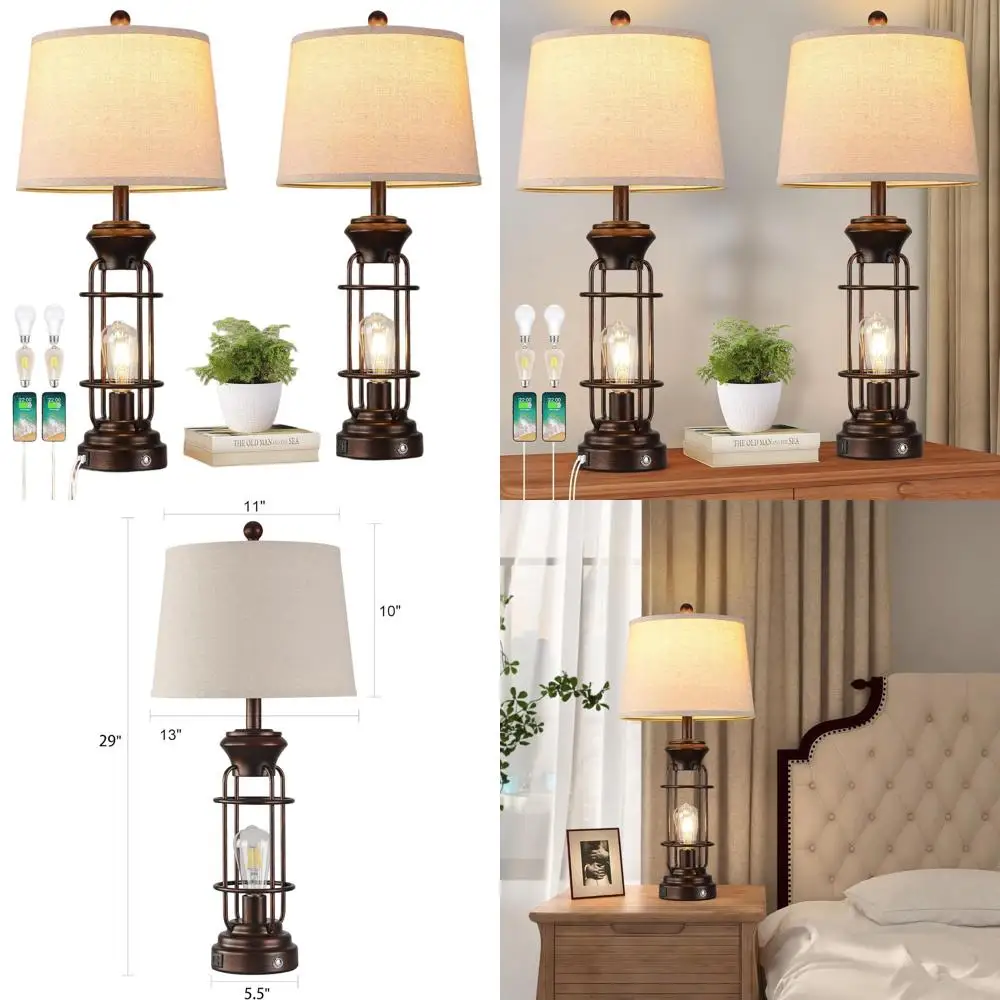 Pair of 28.5 Rustic Nightstand Table Lamps with USB & Charging Ports, LED Bulbs Included
