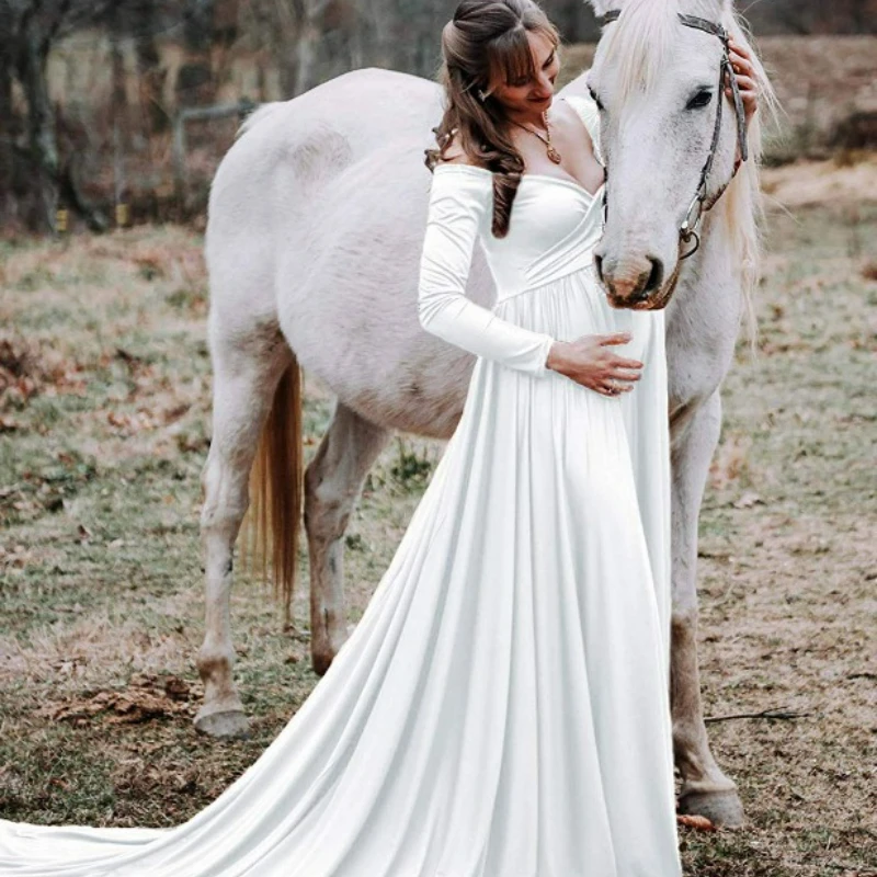 Vestito incinta per la fotografia servizio fotografico vestiti premaman per donna abiti lunghi da gravidanza a maniche lunghe con spalle scoperte