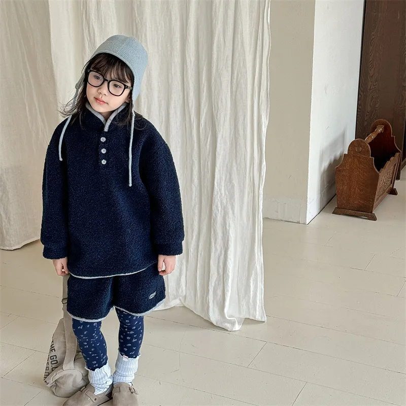 2024 Winter New Children Warm Lamb Wool Clothes Set Baby Fleece Sweatshirt + Shorts 2pcs Suit Long Sleeve Toddler Girl Outfits