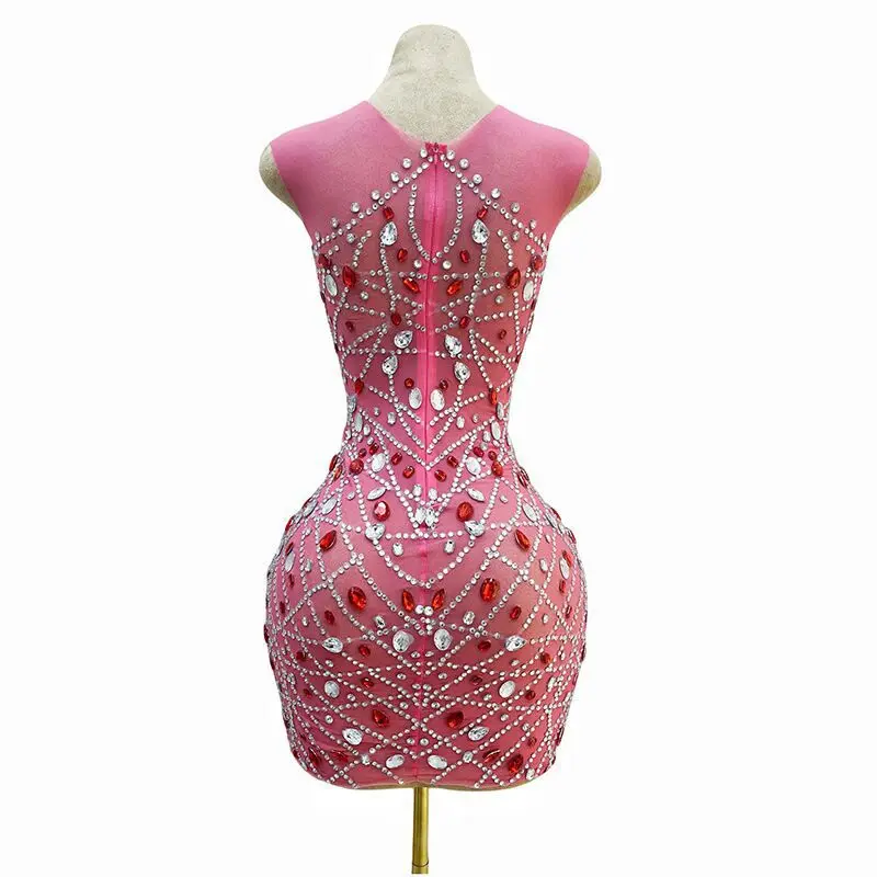 Girl powder fashion slim fit shiny rhinestone dress cocktail birthday party evening dress short skirt performance dress red dus