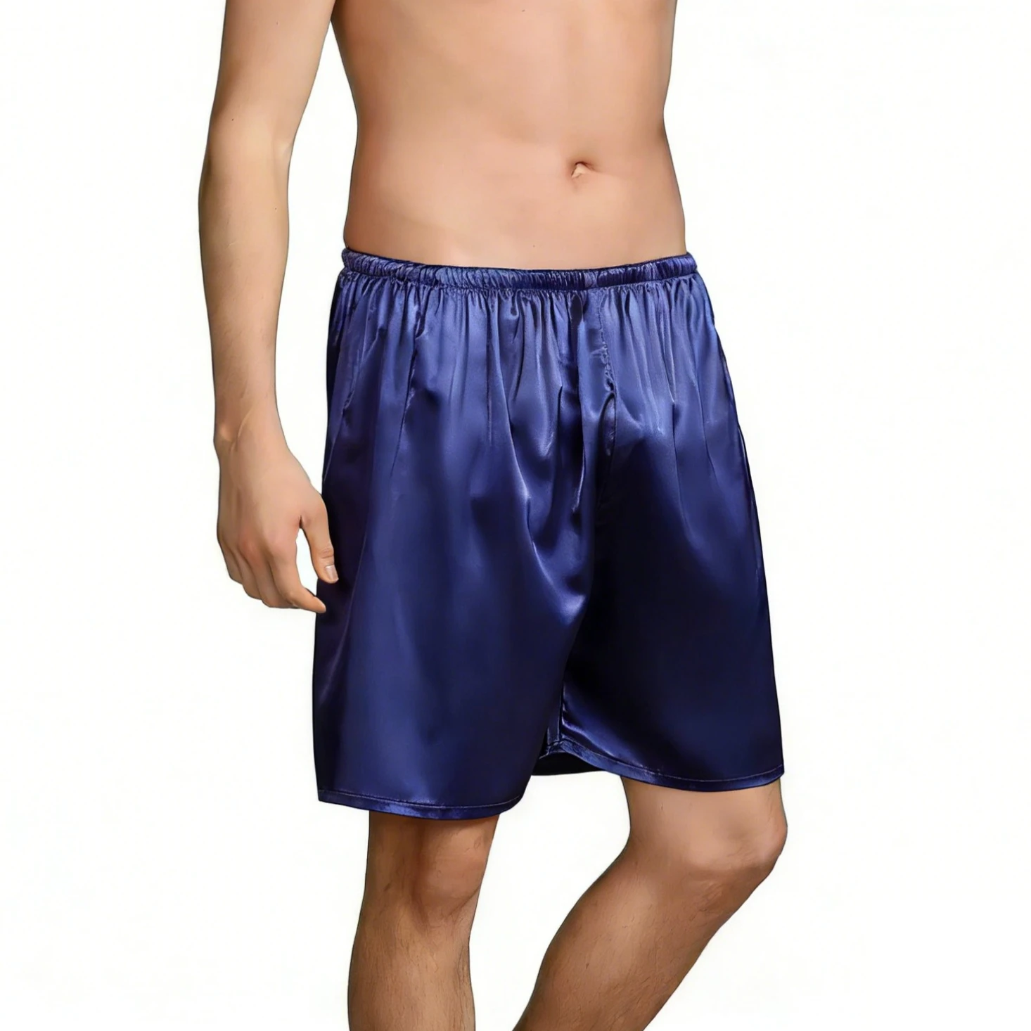 Herren-Satin-Lounge-Shorts, durchsichtige, seidige Schlafhose, elastischer Bund mit geringem Glanz, bequeme, lässige Loungewear, einfarbige Schlafhose