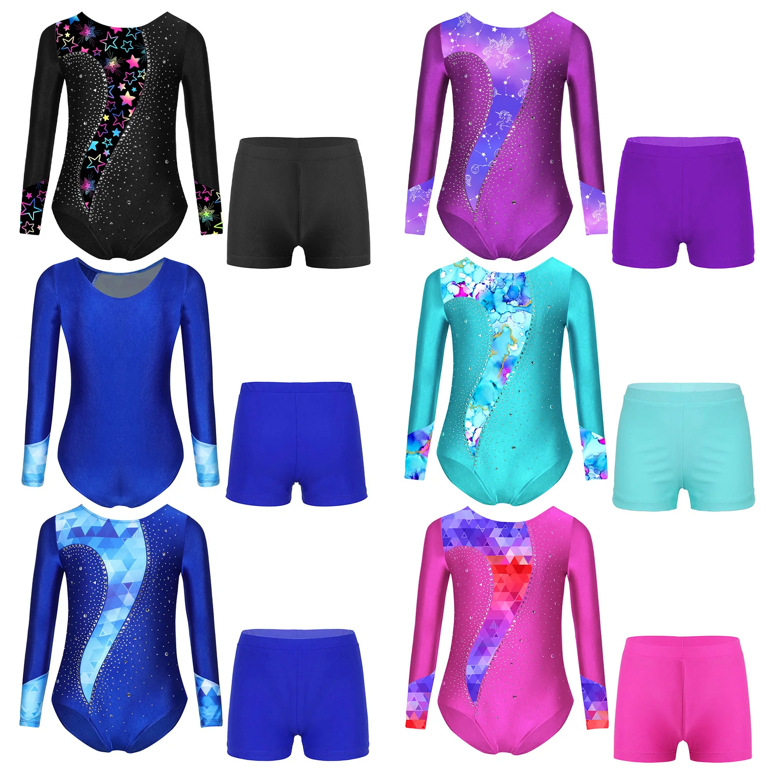 Set di danza classica per ragazze per bambini Body da ginnastica con strass con boxer Abiti a maniche lunghe con bottoni sul cavallo