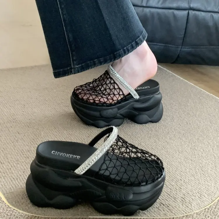 

Fashionable breathable mesh one-line thick-soled small-sized high-heeled closed-toe half-slippers for women