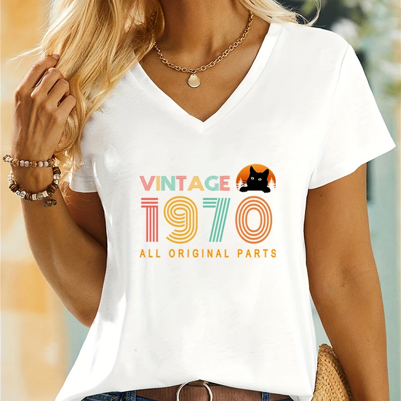 Summer Woman T-shirts Vintage 1974 Original Parts Women's Birthday Gift Vintage 1970 To 1979 Graphic Tops Tee 50rd Birthday Gift