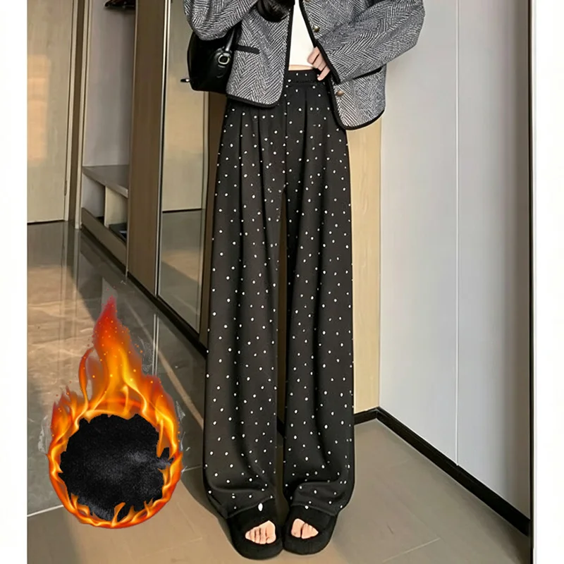 Winter Female Wave Point Designer High Waist Plush Slacks Girls Snow Warm Velvet Pants Women Fashion Straight Leg Trousers