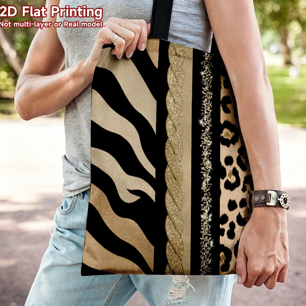 1pc Zebra and Leopard Print Colorblock Patchwork Tote Bag Wild Animal Patchwork Light Luxury Style Foldable Handbag 35X40CM