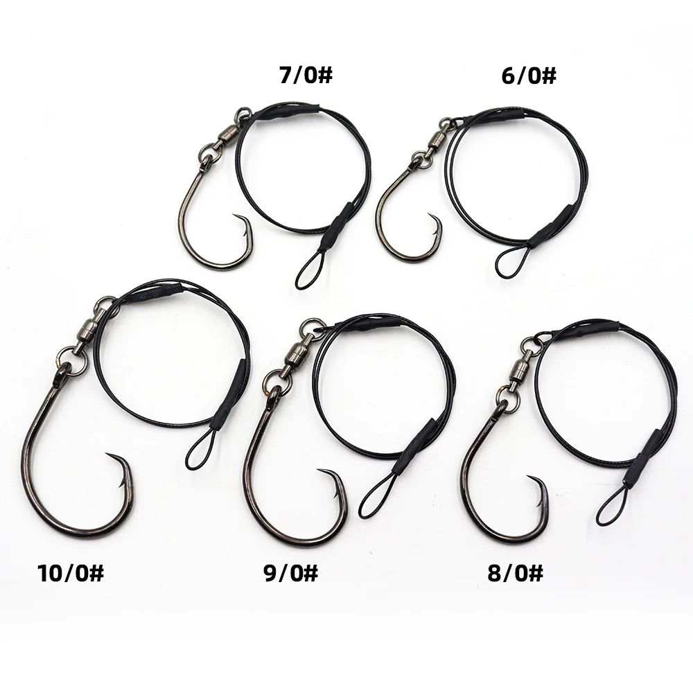 ZYZHE 1/5 Stück Angelleine 6/0 # 7/0 # 8/0 # 9/0 # 10/0 # Kreishaken mit Wirbel 49-Strang Stahlseil Salzwasser Bootsangel-Rigs – Detail 8