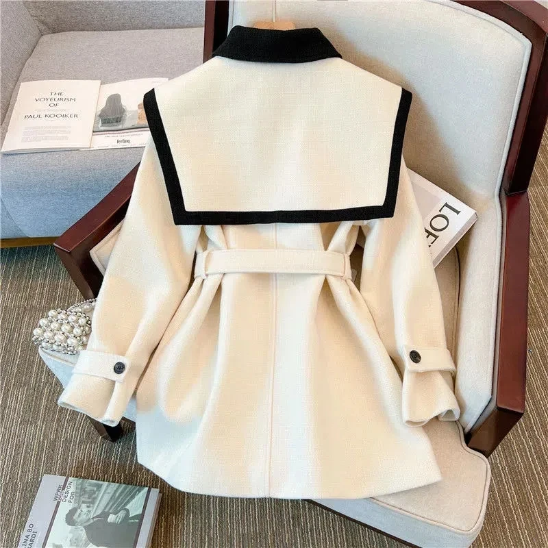 2023 Autumn/Winter Lady High End Small Figure Design Sense Small Navy Collar Double Breasted Lace Up Waist Wrap Outcoat Women