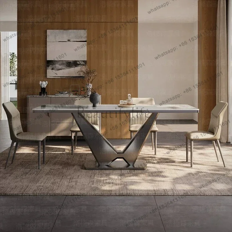 Modern High-End Matte Stone Eating Furnish Metal Support Dining Desk with Upholstered Seats for Apartment Restaurant Decor