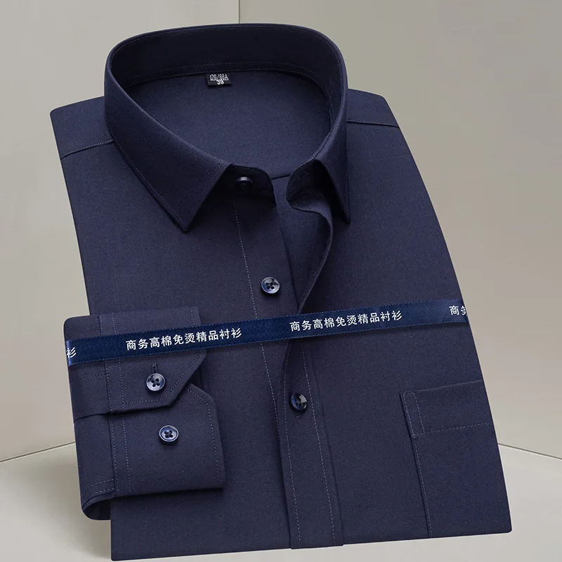 Men Formal Shirt Long Sleeve Office Solid Color Anti-Wrinkle Fashion Business Pocket White Blue Social Pocket Shirts 5XL 6XL 7XL