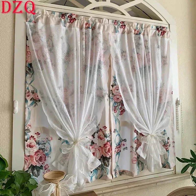 

Double Layered Romantic French Retro Rose Flowers Curtains Cloth For Living Room Lace Tulle Curtains for Bedroom Kitchen #A496