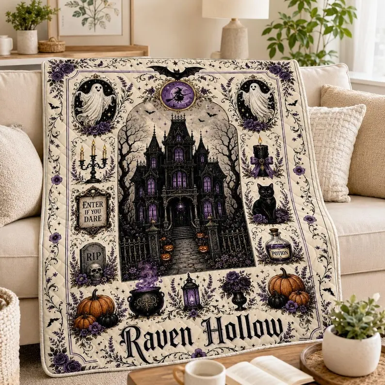 Gothic Haunted Mansion Quilt Blanket, Victorian Halloween Bed Throw