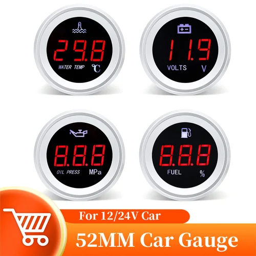 Medidor Digital de temperatura del agua, 12/24V, 52MM, con Sensor, 0-190ohm, medidor de nivel de combustible, prensa de aceite con alarma para coche, barco, marino