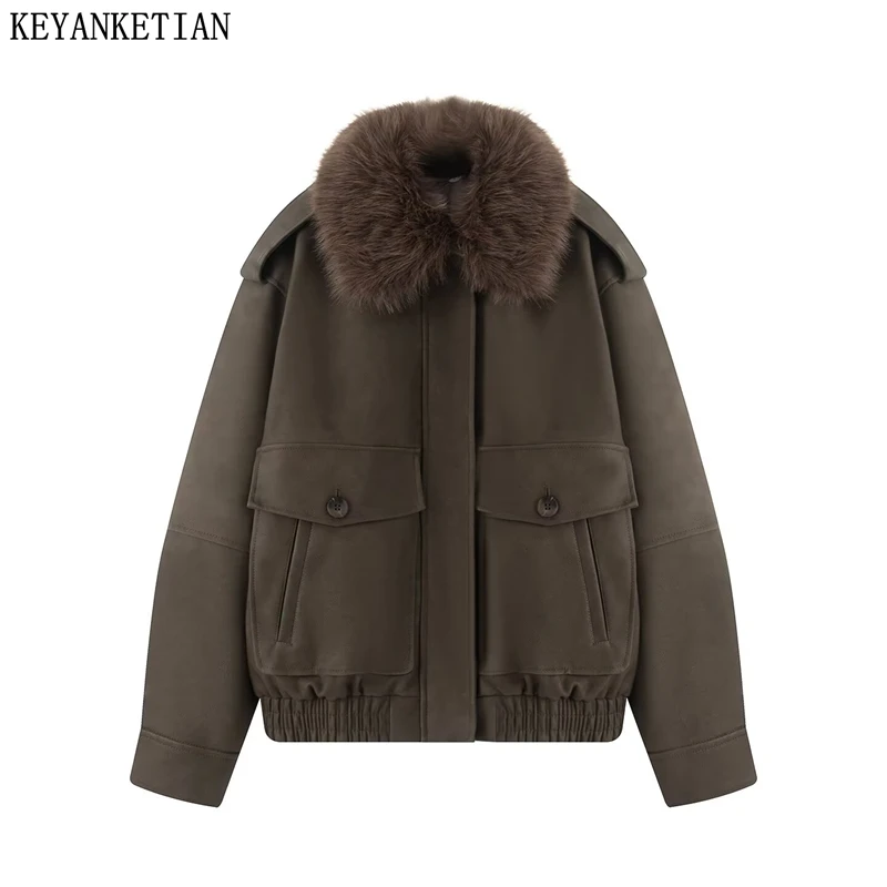 KEYANKETIAN شتاء جديد النساء الملابس الرجعية انفصال فو الفراء طوق جيب الديكور الكتف التصحيح سترة من جلد الغزال معطف المرأة #3