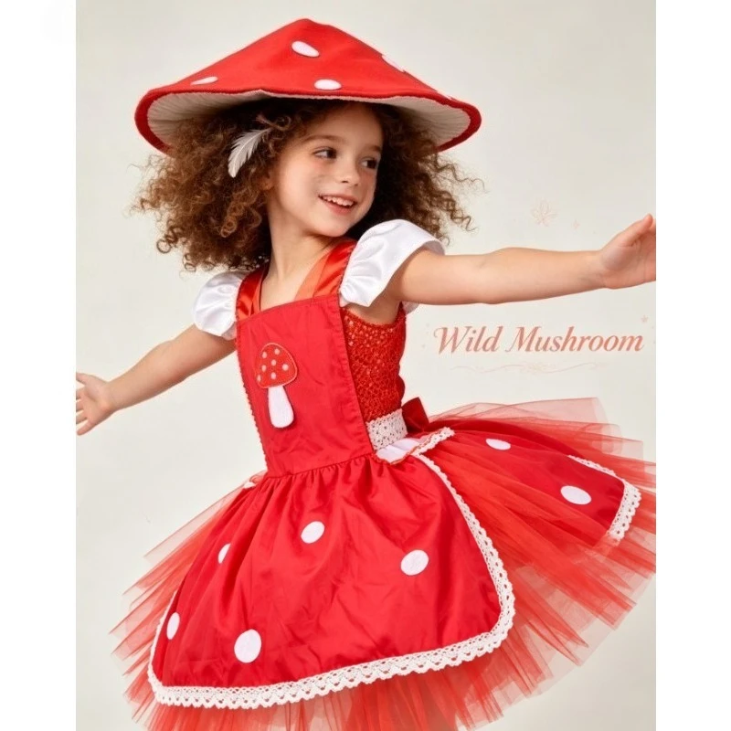 Mushroom Dress Set Red Costume Halloween Birthday Party Dress Children Carnival Performance Princess Outfit Holiday PlayClothing