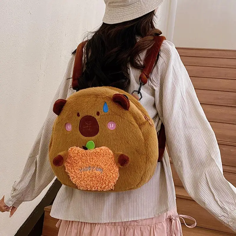 

1 Piece Cartoon Cute Capibala Unisex Backpack Large Capacity Capybara Plush Shoulder Bag Animals Students School Bag