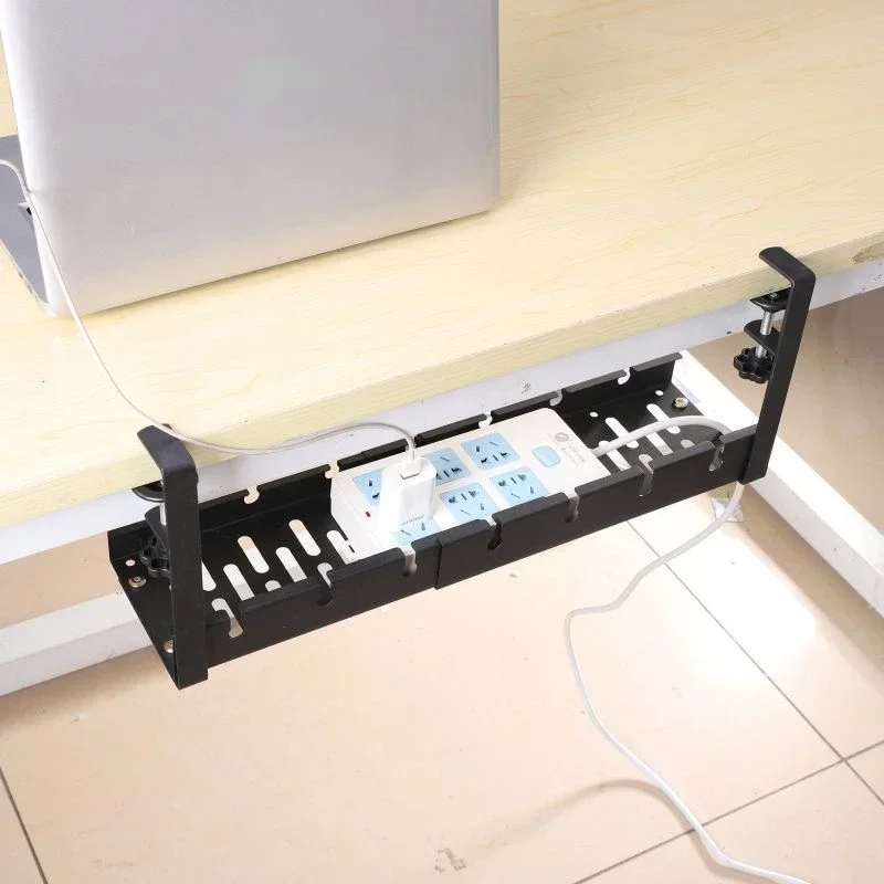 No Drilling Extendable Under Desk Cable Management Metal Cable Tray Under Desk with Clamp Retractable Power Strip Cord Holder