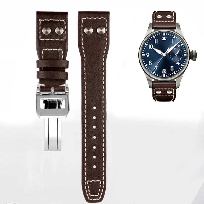 21mm 22mm High Quality Genuine Leather Rivets Watchband Fit For IWC Big Pilot Spitfire TOP GUN Brown Black Cowhide Watch Strap