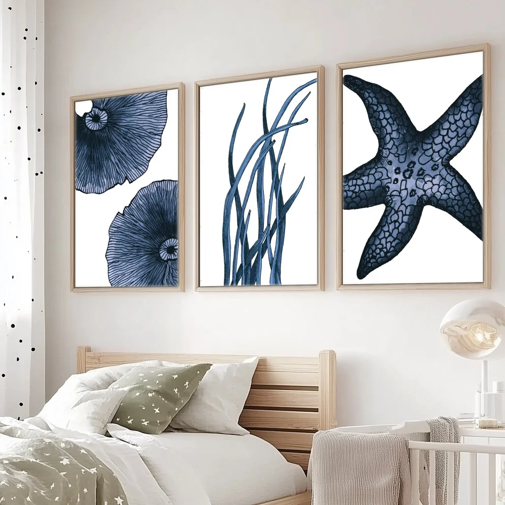 （Noframe 3PCS）-3pcs Canvas Poster, Artwork Wall Painting with Wooden Frame Poster, Blue beach, modern coast, ocean artwork, s