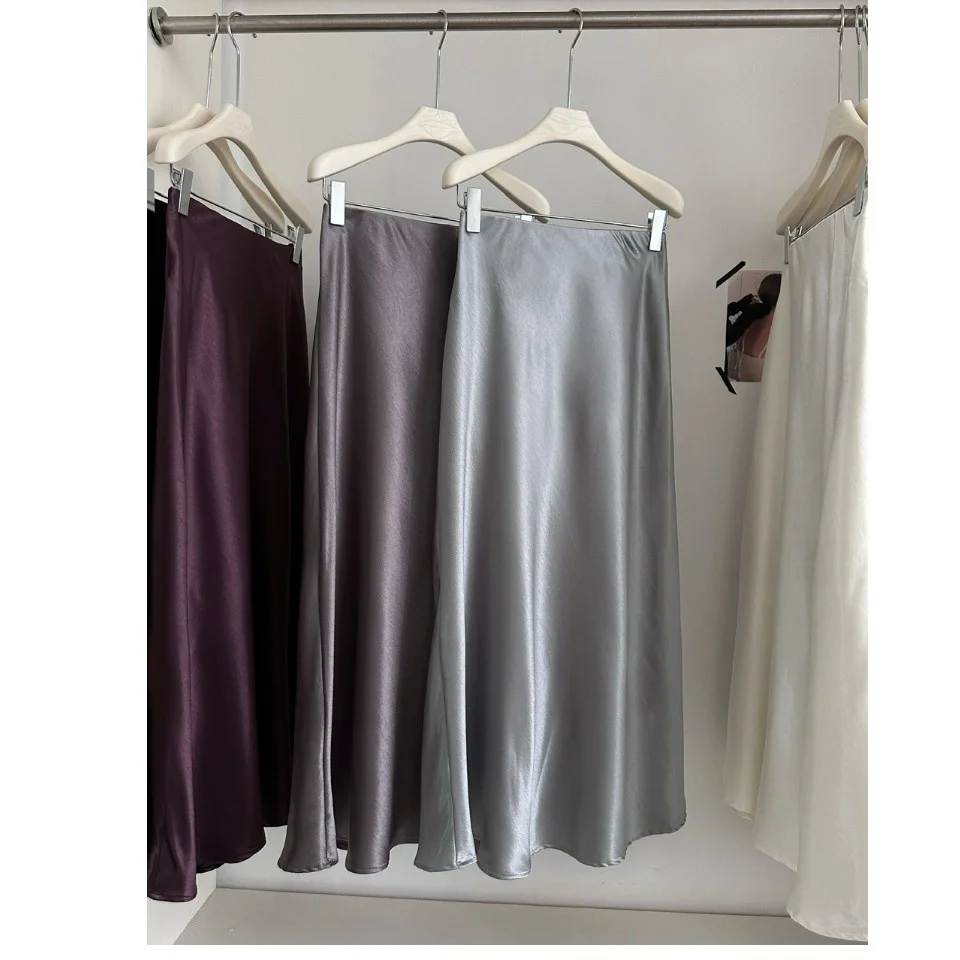 Light Blue Moonlight Acetate Silk Tailored Skirt Women's High Waist A-Line Midi Skirt Spring Summer Versatile Cleanfit Style