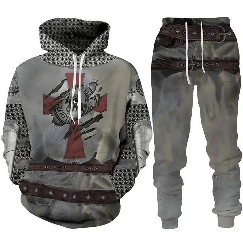 Knight Templar-Fato com capuz grande estampado em 3D masculino, pulôver manga comprida, streetwear solto, moda casual, outono, inverno, alta qualidade