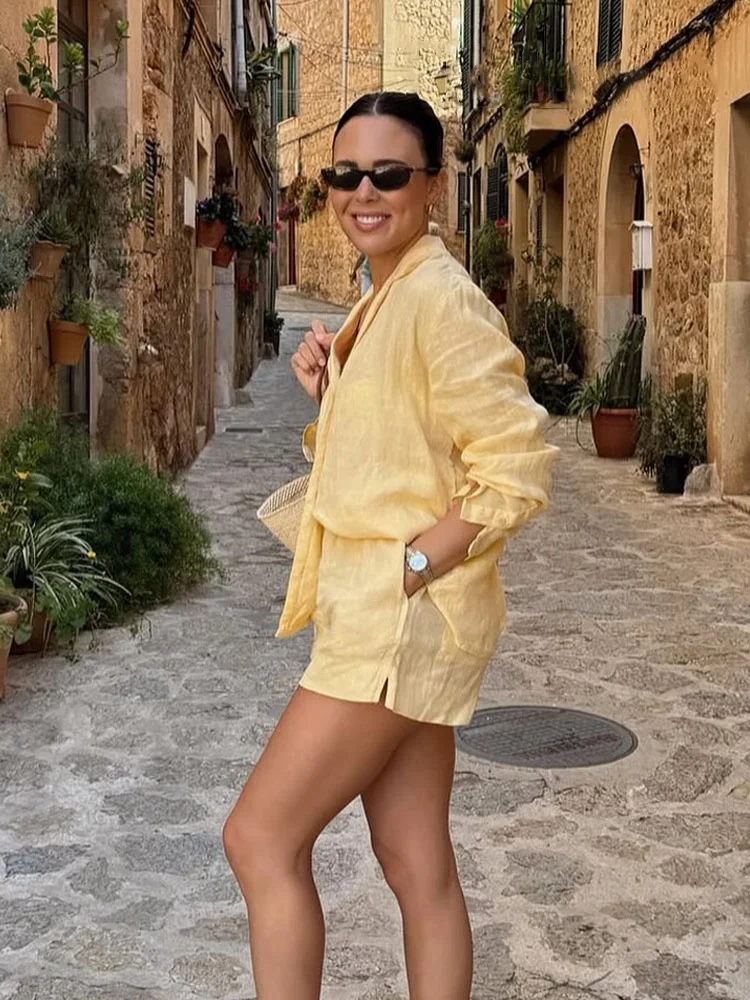 HH – short décontracté pour femmes, costume à revers, simple boutonnage, manches longues, petit haut + taille élastique, Design de poche, short élégant, été