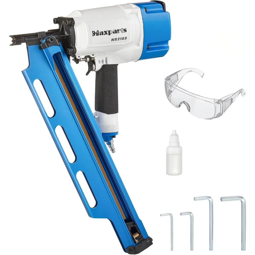 

Framing Nail Gun NR2183 21 Degree Plastic Strip Nailer Quick Shooting Pneumatic Tools for Wood Constructions Light Blue Color