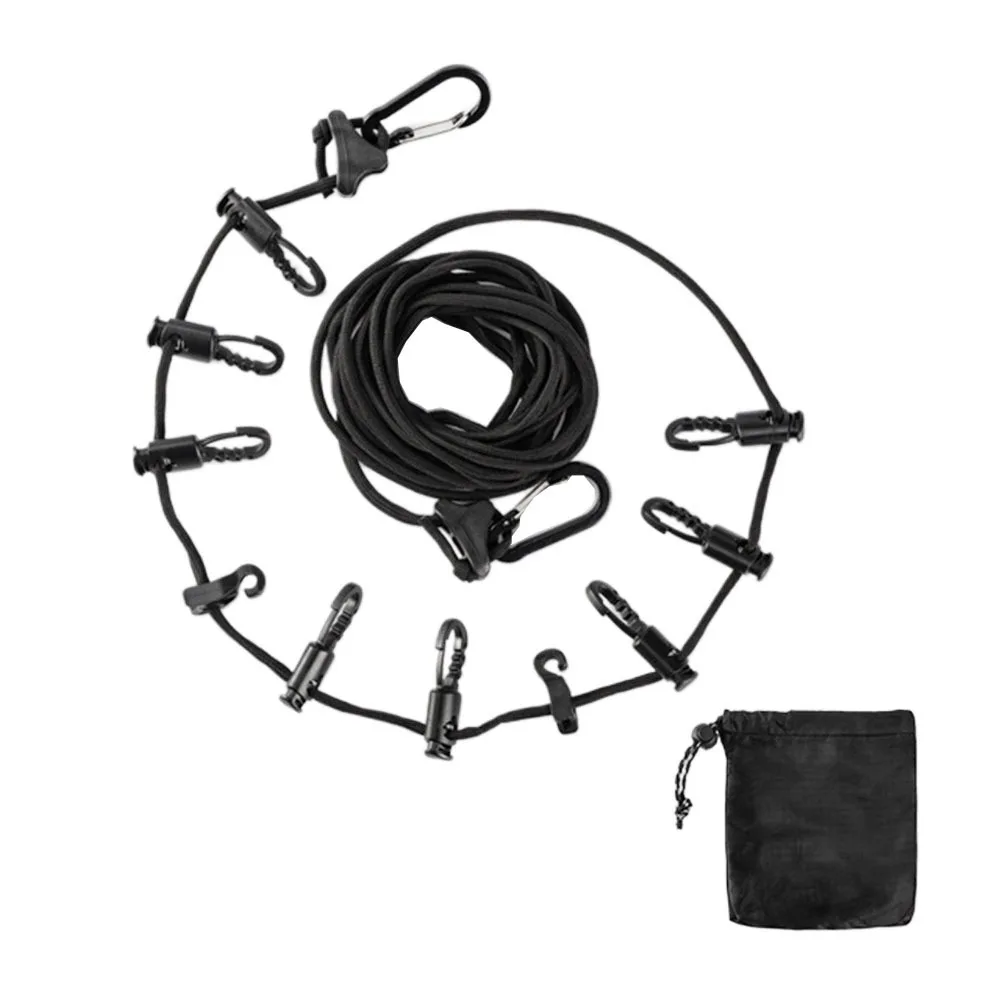 Multifunctional Outdoor Clothesline Adjustable Non-slip Portable Storage Lanyard Retractable with 10 Hooks Camping Hanging Rope