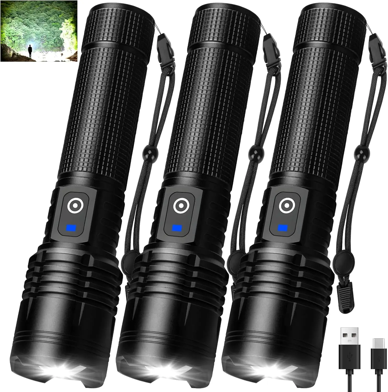 

3-Pack High-Lumen Rechargeable LED Flashlights, 99000 Lumens, 5 Modes, Waterproof, for Camping, Home, Emergencies