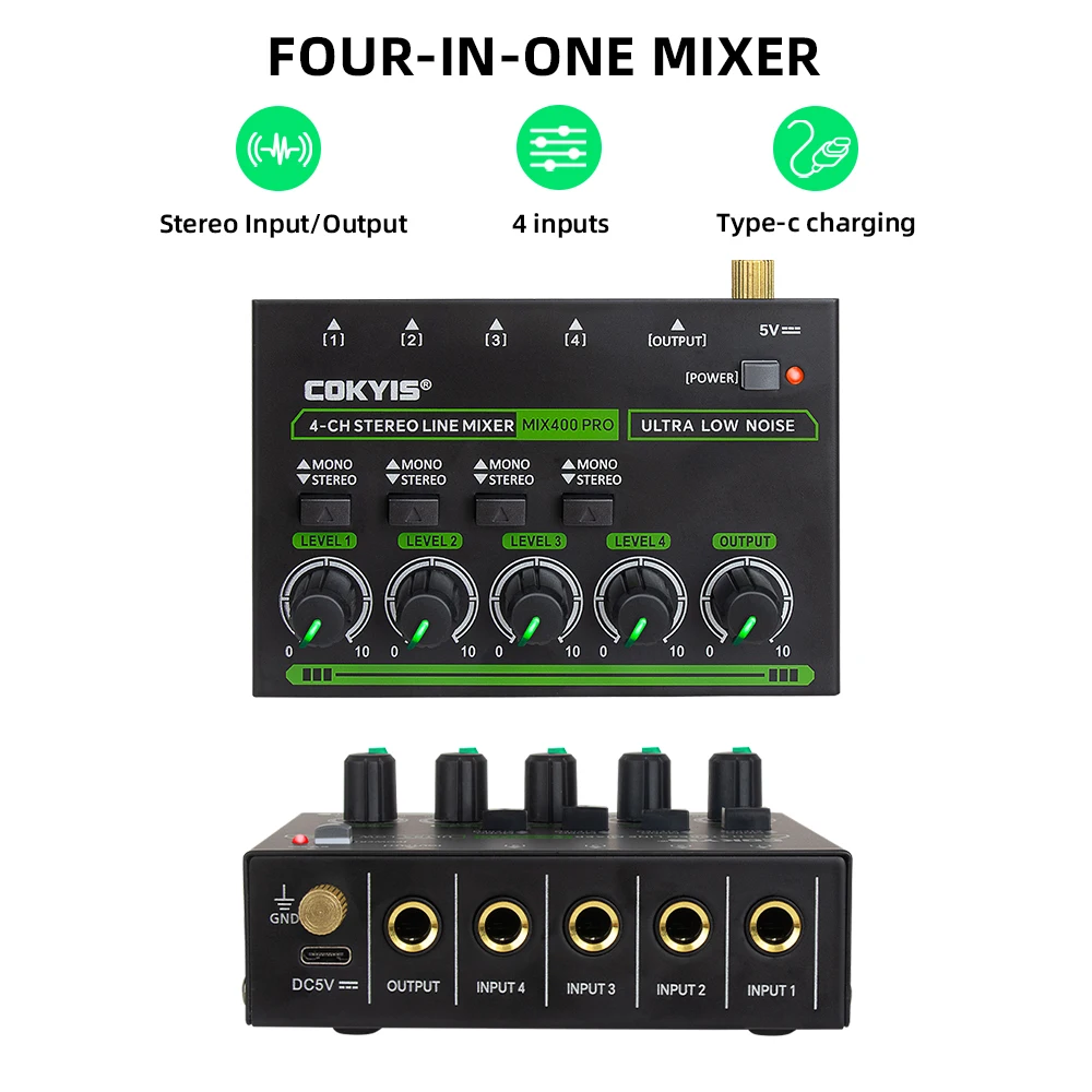 MIX400-PRO Ultra-Low Noise 4-Channel Stereo Line Mixer with RGB Lighting High-Fidelity Audio for Studio and Professional Use