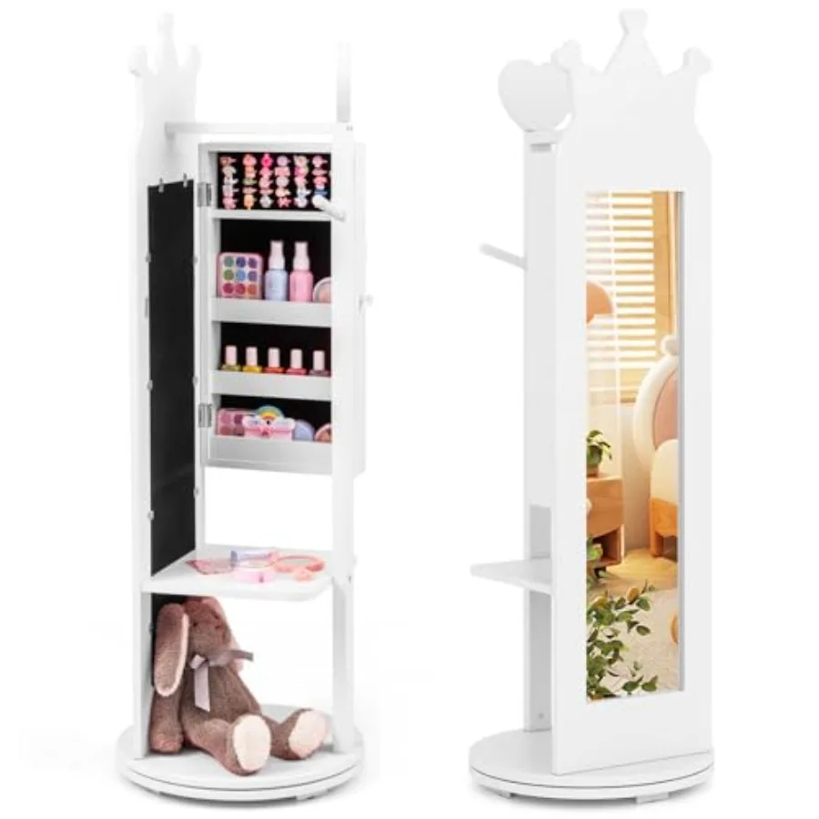 

Jewelry Armoire Cabinet 360 Degree Swivel Base Wooden Standing Jewelry Organizer w/Full-length Mirror and Clothes Rack Dress Up