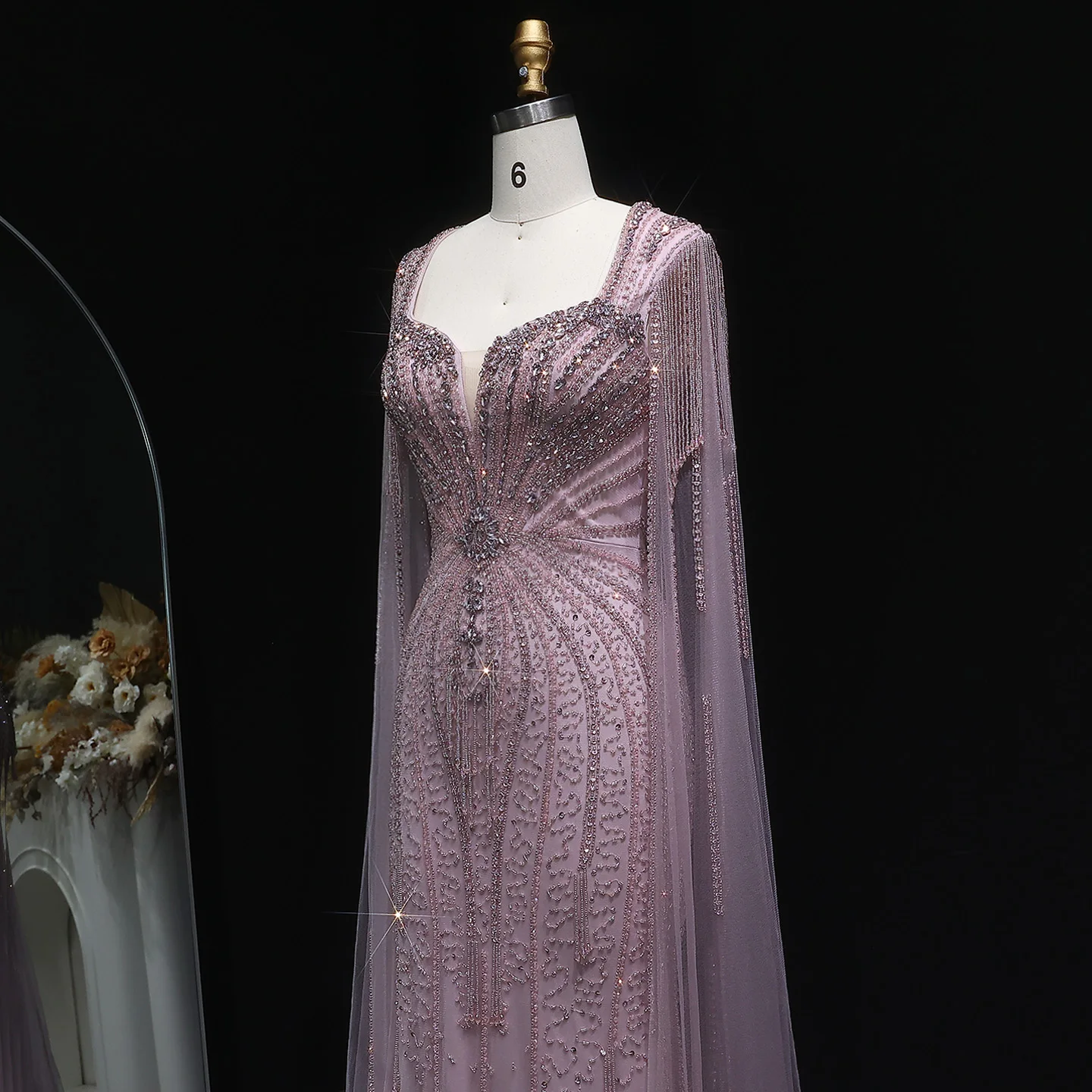 Sharon Said Dubai Luxuriöses Champagner-Meerjungfrauenkleid mit Cape-Ärmeln für Damen, Hochzeitsfeier, Ballkleider SS024, Maßanfertigung – Detail 5