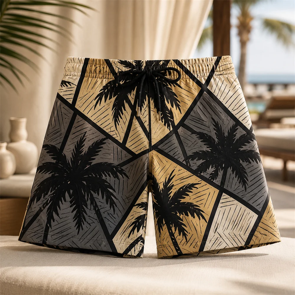 Hawaiian Palm Tree Pattern Beach Short For Men Vacation Style Hawaii Board Shorts Summer Outdoor Casual Daily Fashion Shorts