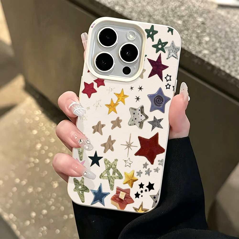 Five-Pointed Star Lychee Pattern Luxury Phone Case For 17 12 13 14 15 16 11 Pro Max Air 14 16 15 Plus X XS XR 16 2 in 1 Cover