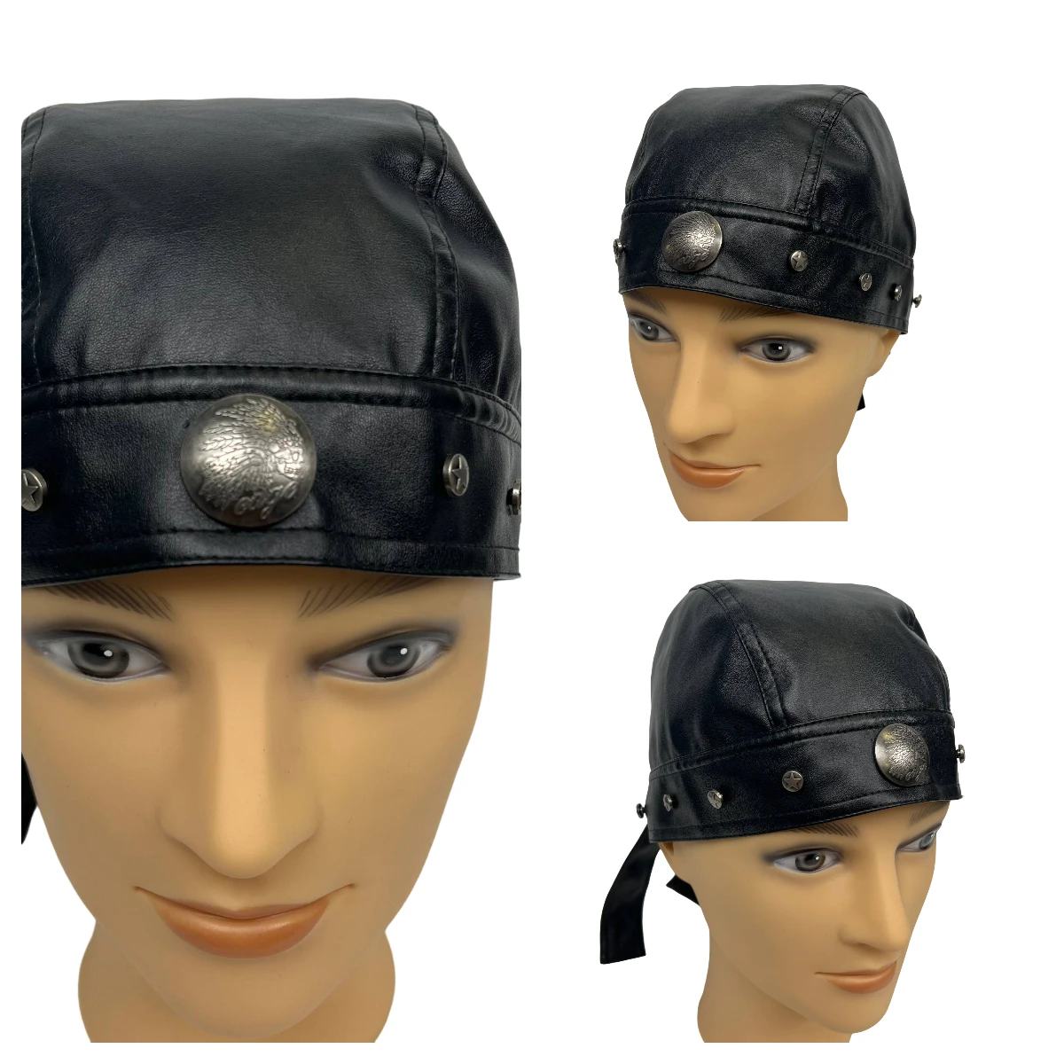 Capacete de motocicleta bandana de caveira de couro preto – presente fedorado de Halloween para cosplay de motociclista urbano