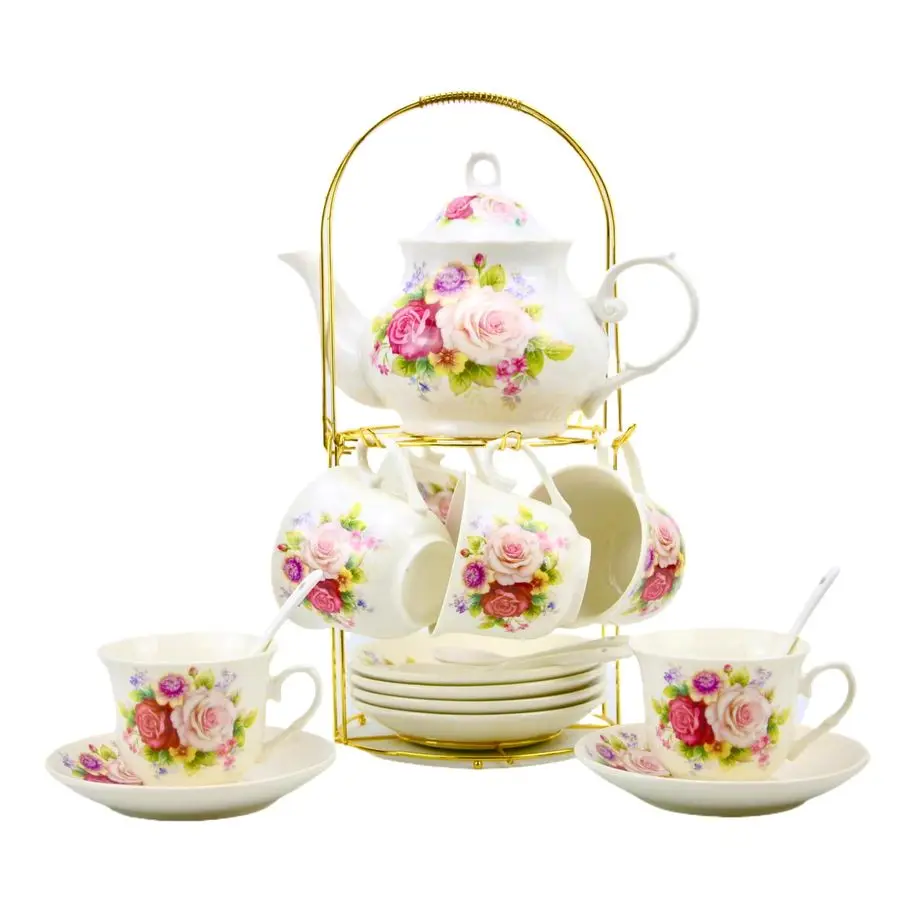 

Porcelain Bone china Tea Sets,Gold Rim Coffee Set with Golden Metal Rack,Tea Gift Sets for HomeampParty 008