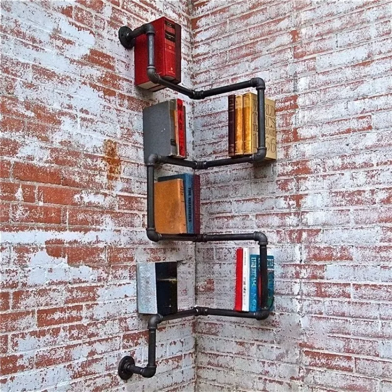 Industrial Style Wall-mounted Bookcases Black Iron Aged Style Water Pipe Shape Wall Corner Bookcases Creative Home Decoration
