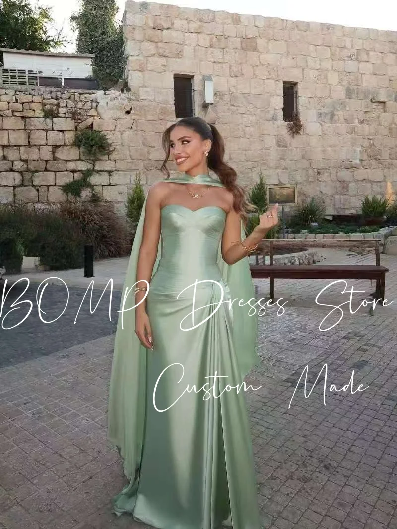 BOMP Elegante abito da sera verde senza spalline con Jaket drappeggiato sirena lunghezza pavimento abito da cerimonia nuziale in raso classico personalizzato