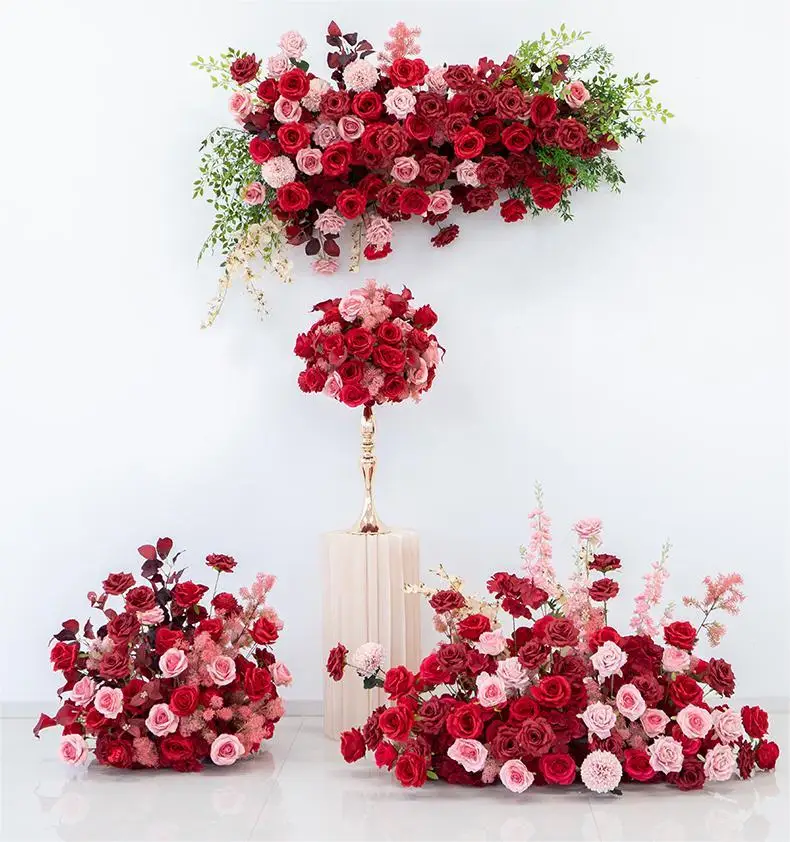 Rote und rosa Rosen, künstliche Blumenarrangements, Hochzeitstisch-Mittelstück, Blumenball für Outdoor-Rasenzeremonien, Party-Hintergrunddekoration – Detail 1