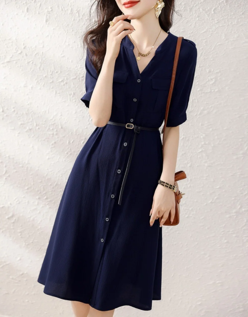 

Women's New Navy French Front Button Elegant Dress with Belt Slim Midi Dresses